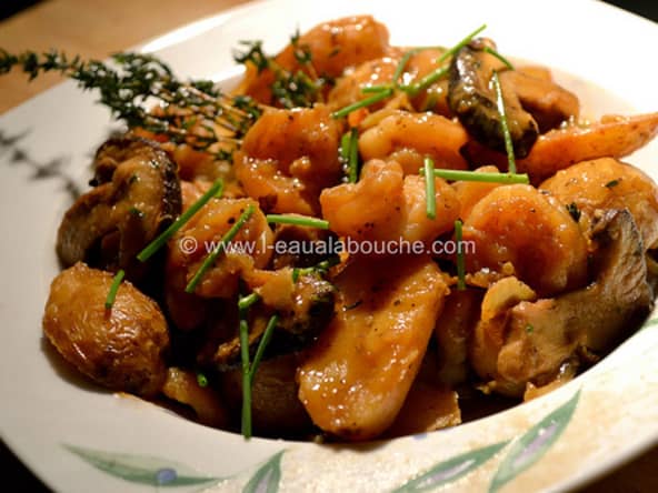 Crevettes champignons shiitake et amandines au vin moelleux