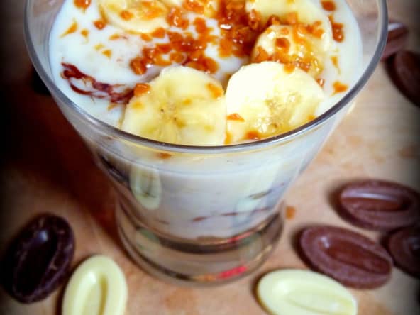 Riz au lait banane, triple chocolat et caramel au beurre salé
