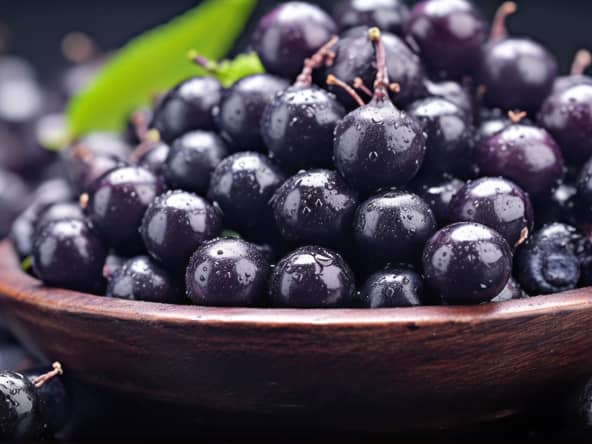 Gros plan sur des baies d'açai dans un bol en bois