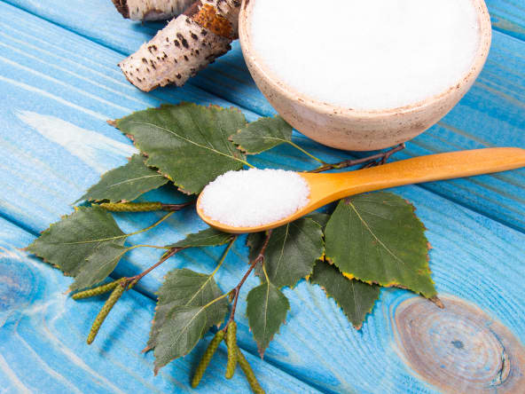 Sucre de bouleau sur fond de bois bleu