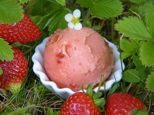Glace à la fraise dans une coupelle et fraises entières