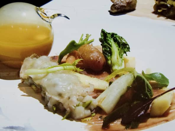 Faisan, pétoncles hachés, lard de Colonnata et petits légumes