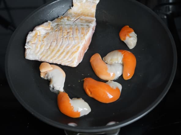 Saumon et corail de saint-jacques sur assiette