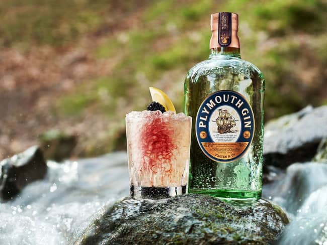 Verre de Bramble et bouteille de gin