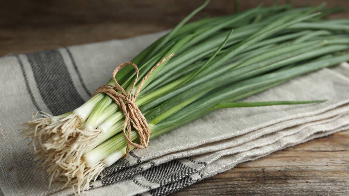Botte de cébette sur table en bois
