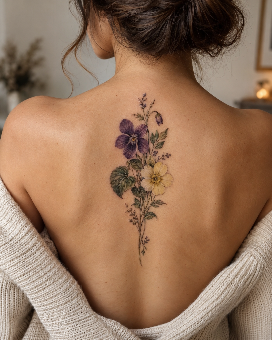 Violet and primrose combination bouquet tattoo for February