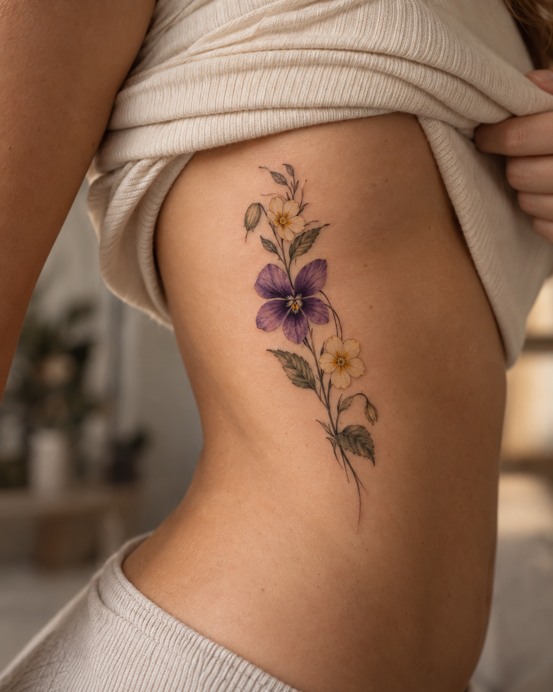 February birth flower tattoo on the ribs