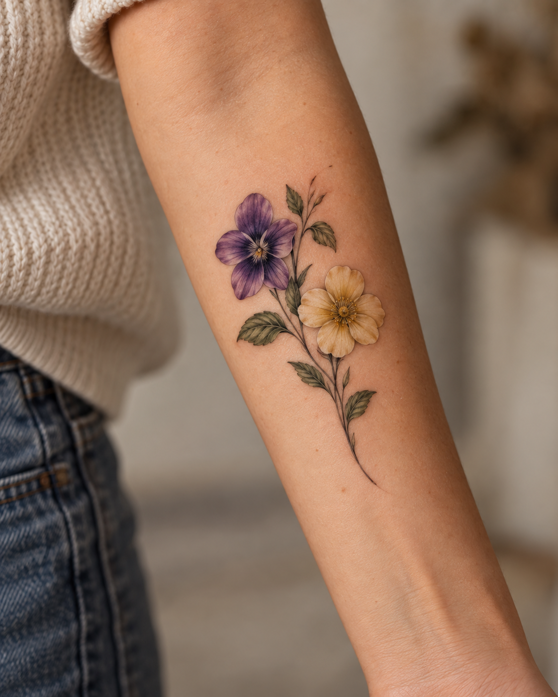 Fine-line February birth flower tattoo on the arm