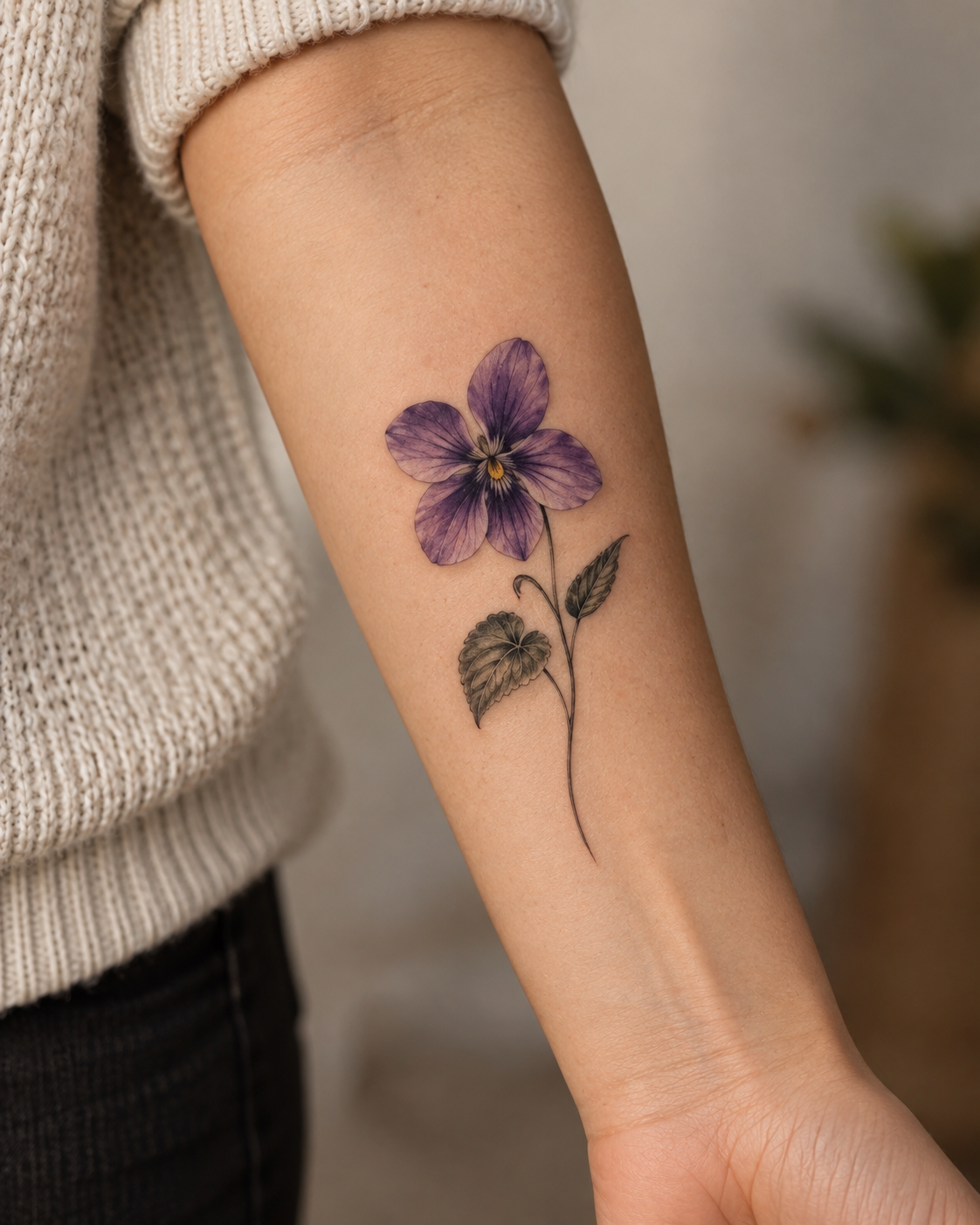 Fine-line violet flower tattoo idea for February