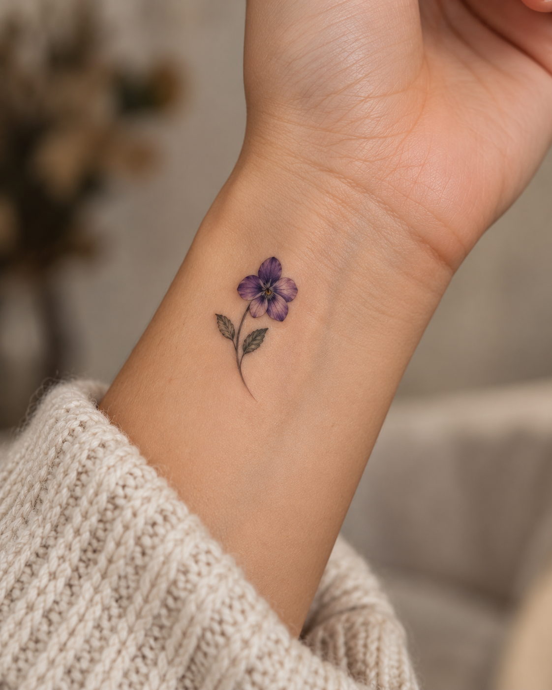 Small February birth flower tattoo on the wrist