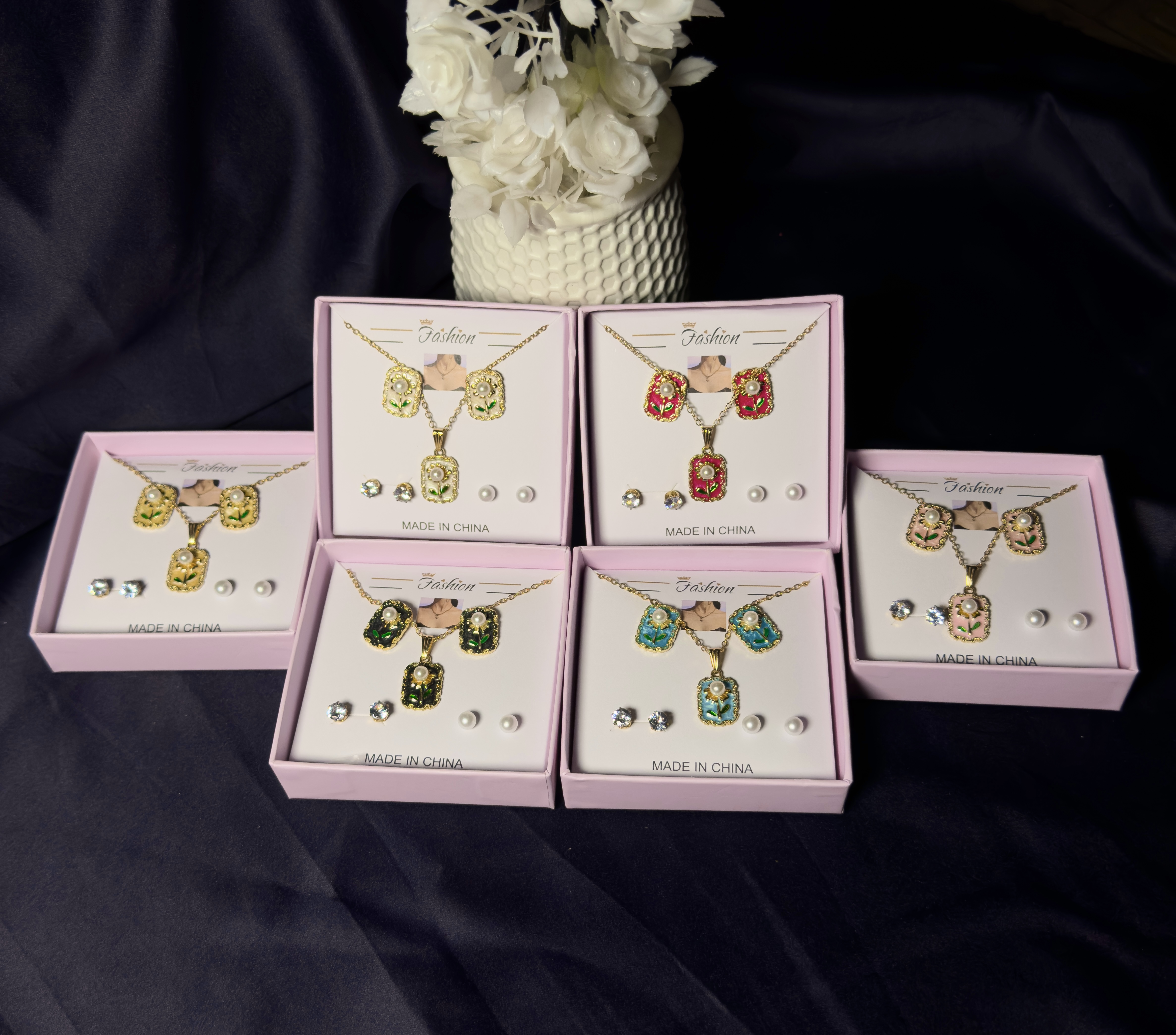 Botanical Enamel & Pearl Jewelry Set