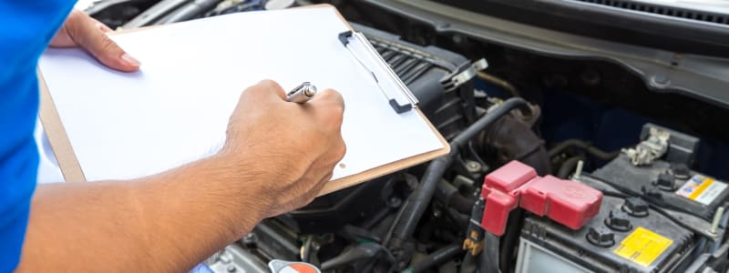 Prüfer untersucht den offenen Motorraum und geht eine Prüfliste zur Hauptuntersuchung durch