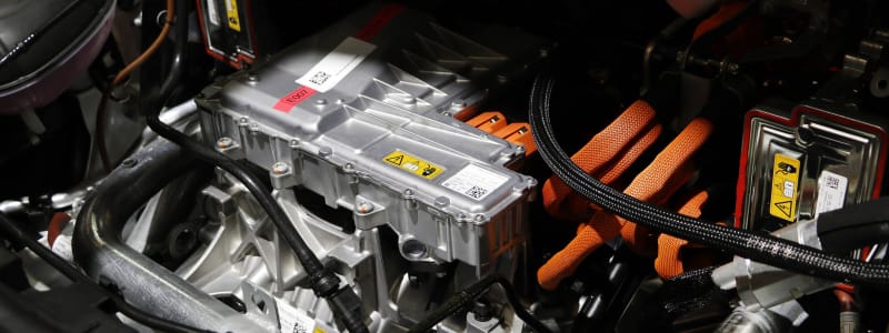 Der Motorraum eines Peugeots mit der Autobatterie