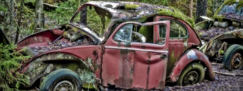 Gammel rusten 2CV i en skov Rød og rusten bil