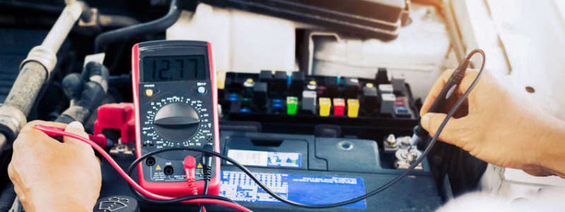 Test af bilbatteri i Opel Mekaniker måler spænding i Opels bilbatteri