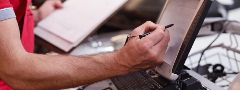 Quel prix pour le diagnostic d'une Peugeot ? Mécanicien effectuant un diagnostic sur ordinateur