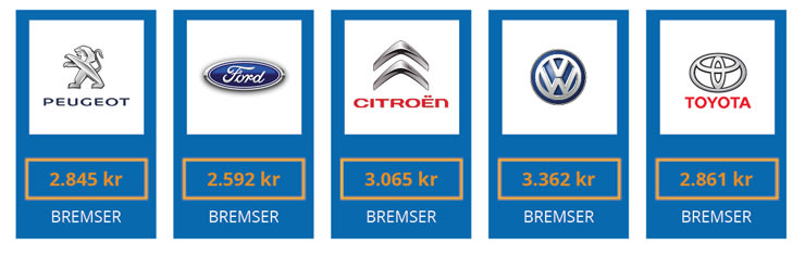 Genemsnitspriser på bremsetjek, bremseskifte eller bremsereparation i 2015