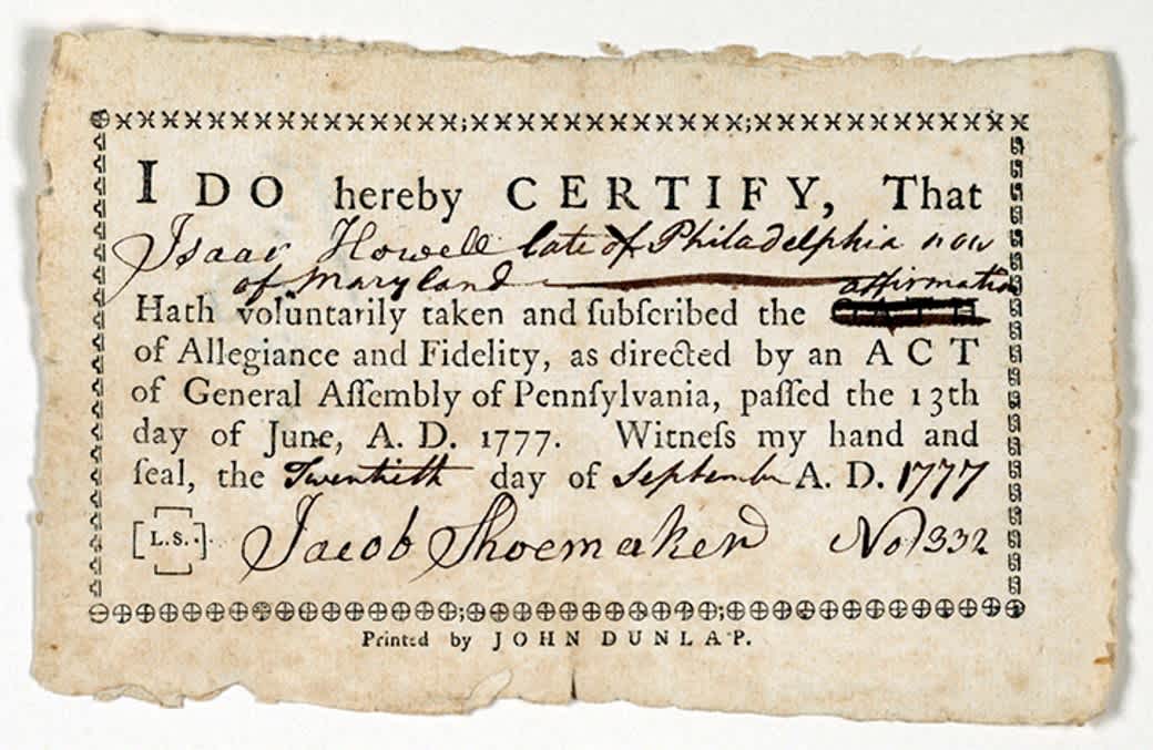 A numbered certificate recording that its bearer had taken the oath of allegiance and fidelity required by Pennsylvania’s Test Act of 13 June 1777.