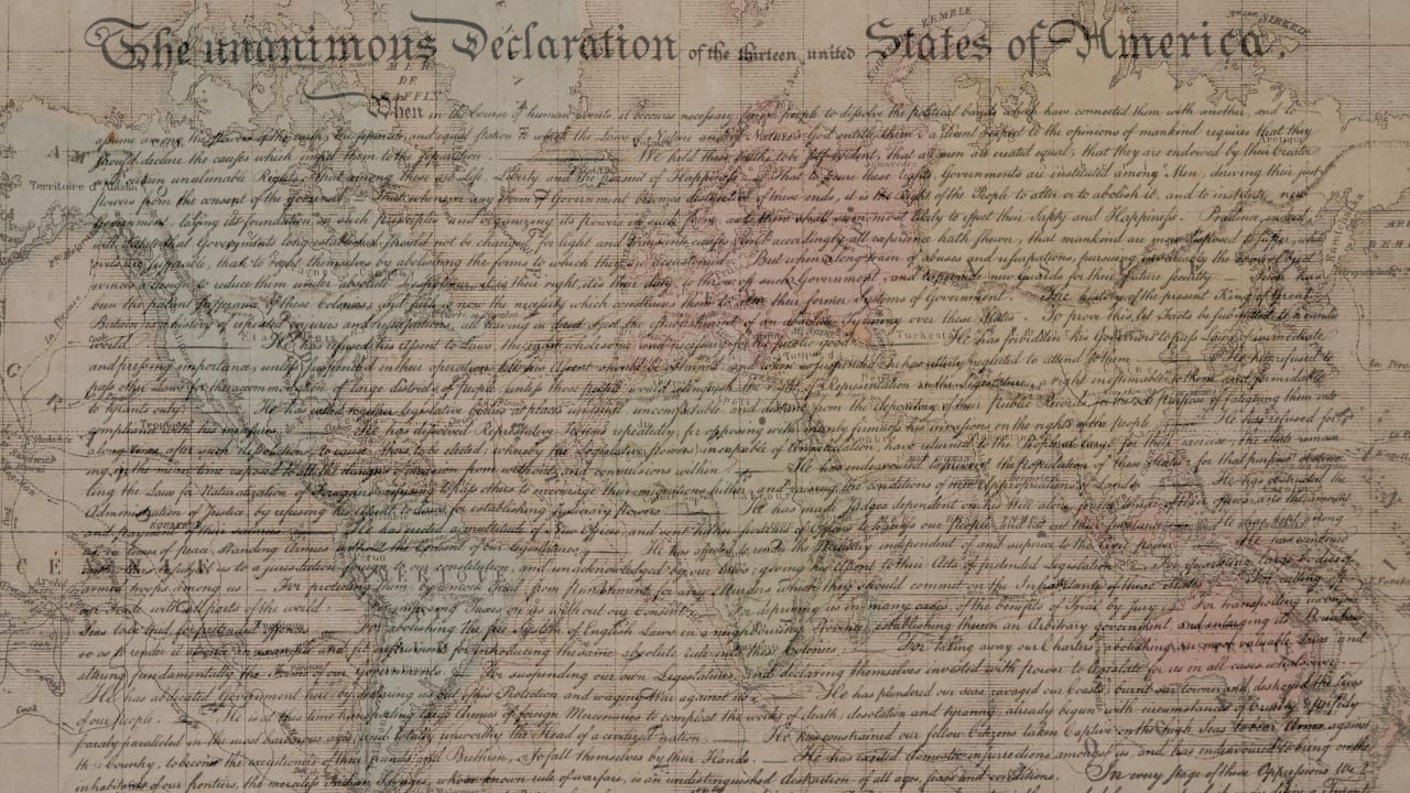 The Declaration of Independence with a world map overlaid on it.