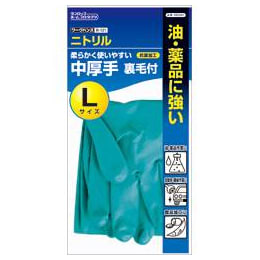 ニトリル中厚手 手袋 裏毛付 L グリーン 1双