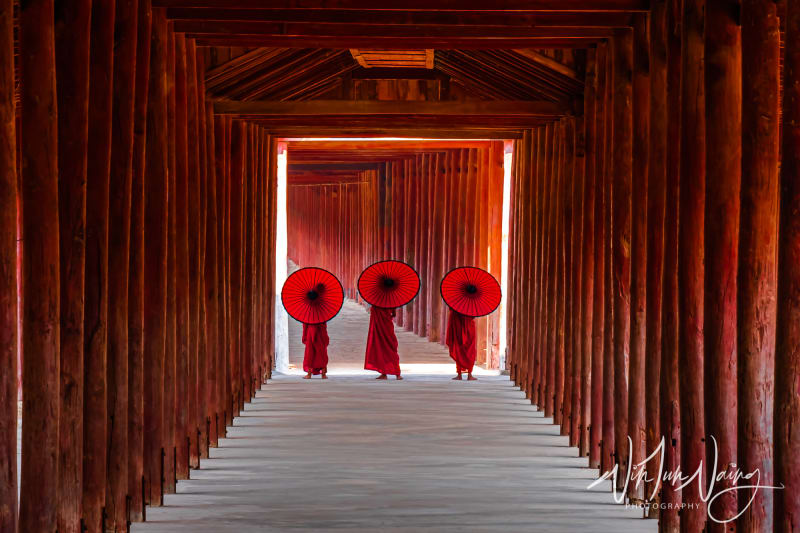 Novices monk walking in ancient temple
