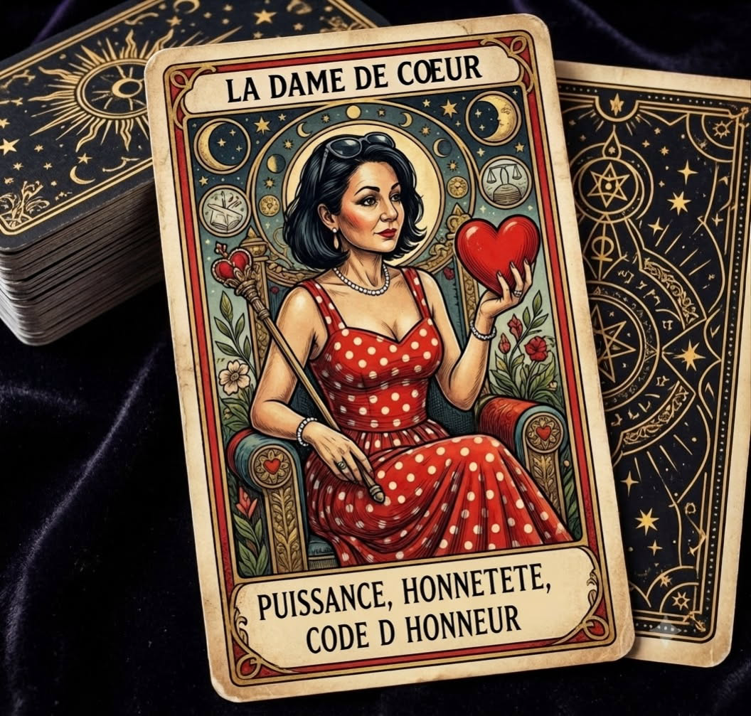 La Dame de Cœur, une carte illustrée portant les mots « Puissance, honnêteté, code d’honneur ».