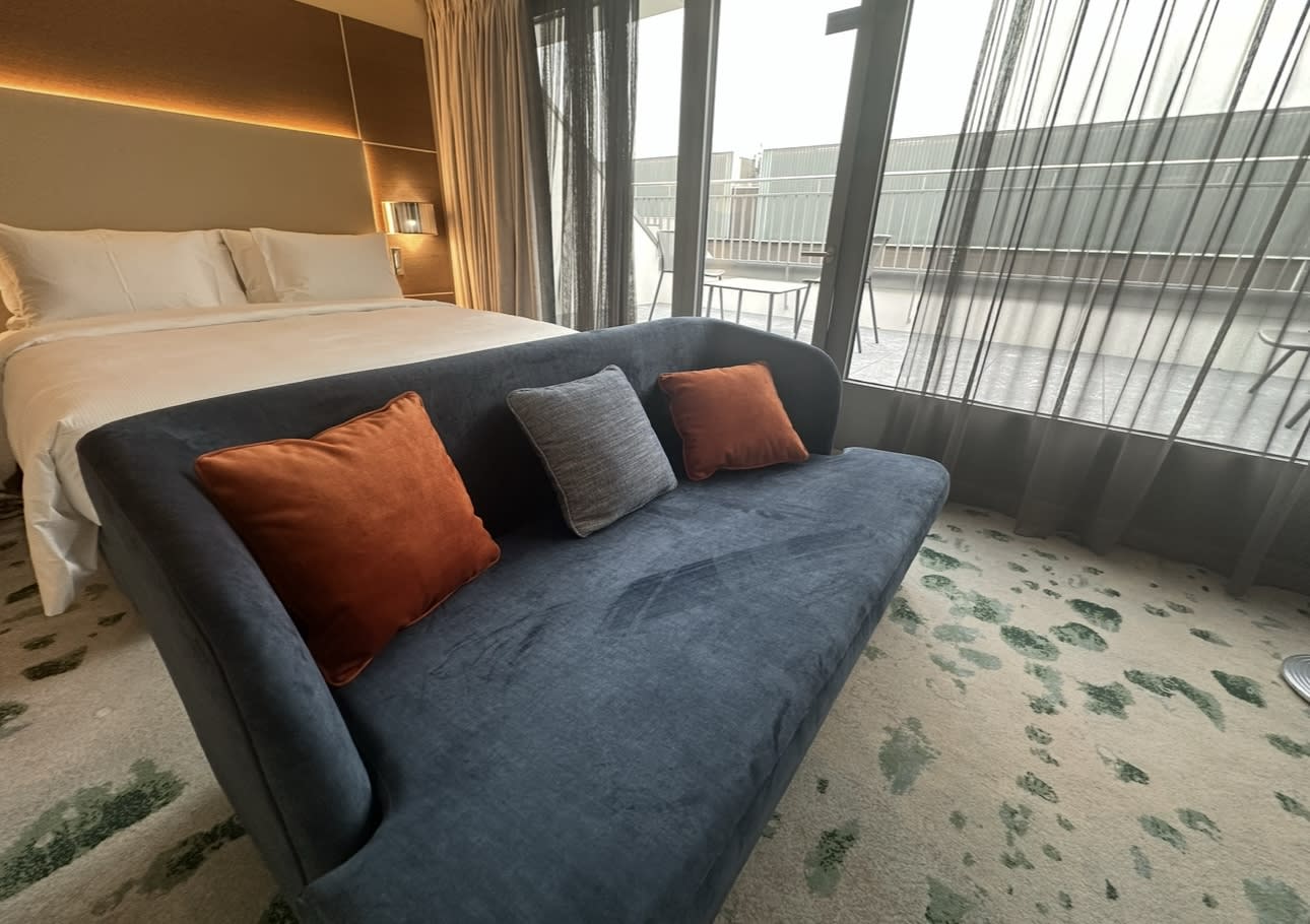 A renovated room at the Hilton Geneva with its terrace