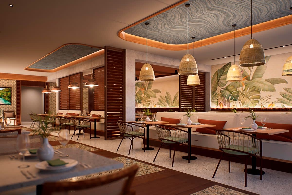 Das karibische Restaurant des Hyatt Vivid Punta Cana mit Korbleuchten und Tropen-Wandbild (Visualisierung)