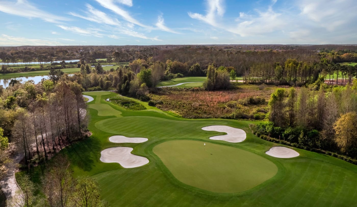 The 8th hole green on the Greg Norman-designed golf course at Grande Lakes Orlando, from above