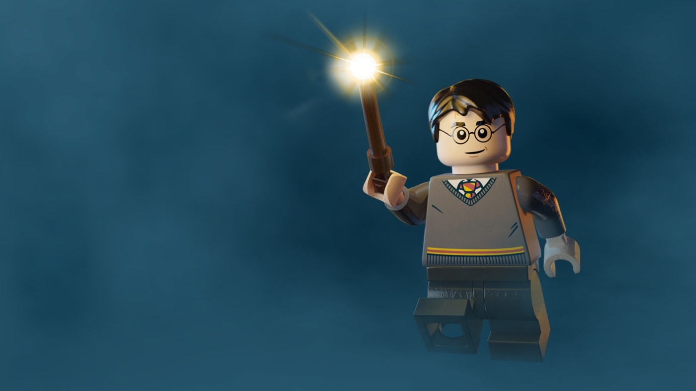 Official rendering of the LEGO Harry Potter minifigure with his wand lit, announcement visual from Legoland Deutschland