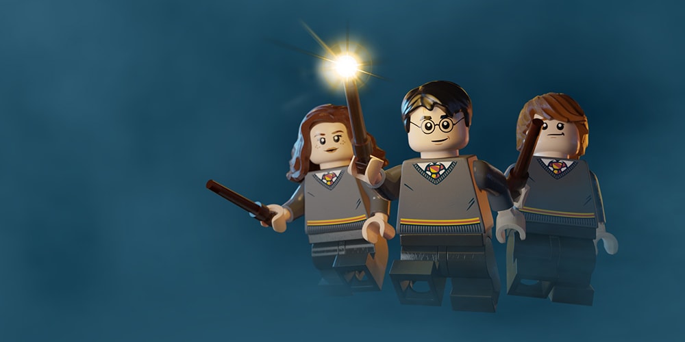 Official rendering of Hermione, Harry and Ron as LEGO minifigures, wands raised