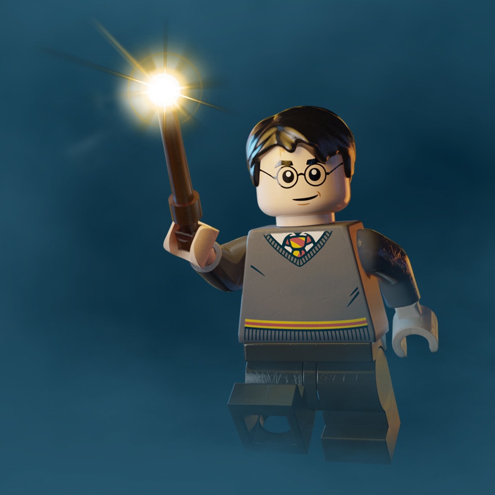 Official rendering of Harry Potter as a LEGO minifigure against a misty blue background