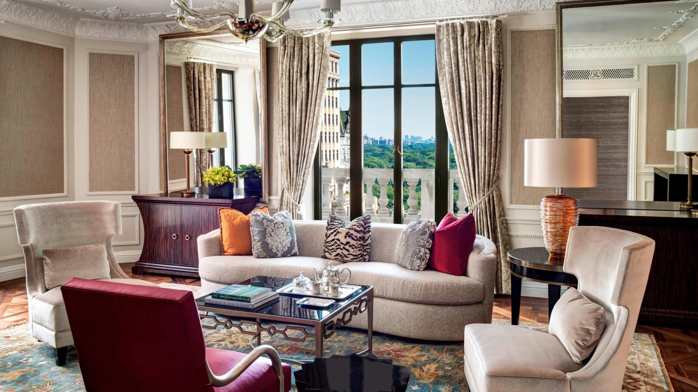 The living room of the Presidential Suite at the St. Regis New York, where Miranda's make-up-free Paris scene in The Devil Wears Prada was filmed