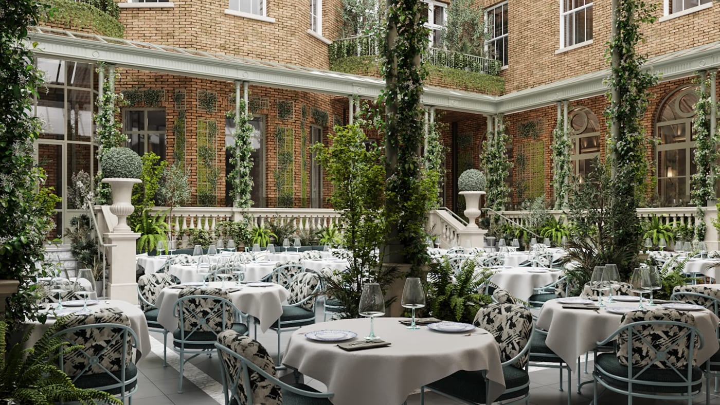 Rendu de la cour intérieure végétalisée de Cambridge House, tables dressées sous les colonnes