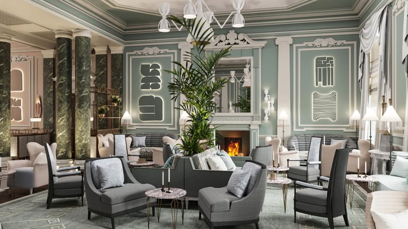 Rendu d'un salon de Cambridge House avec cheminée, colonnes de marbre vert et palmier