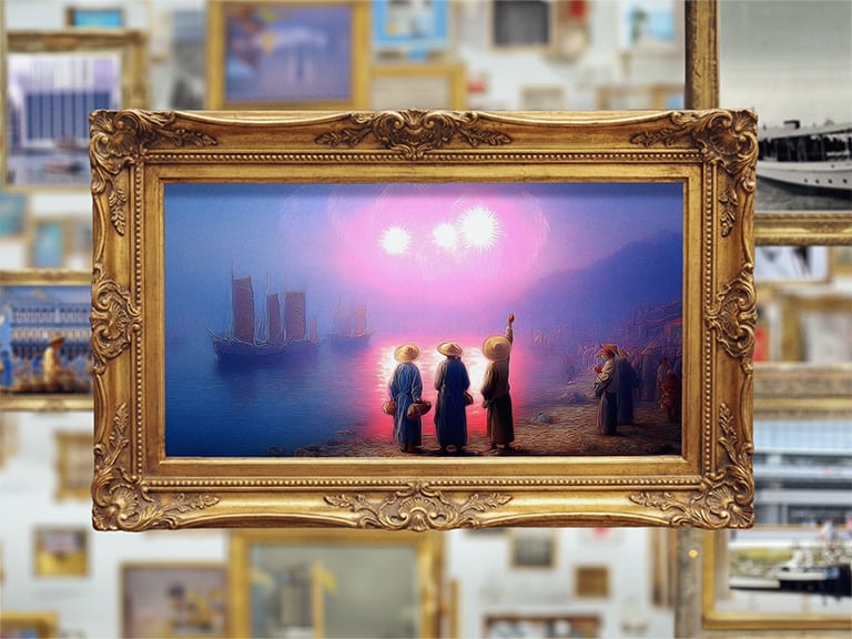 A gilded frame displaying a scene from HSBC’s brand history film