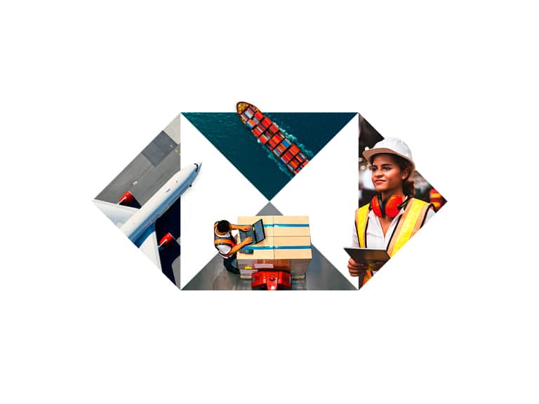 An HSBC hexagon montage of aircraft, cargo ship and logistics worker