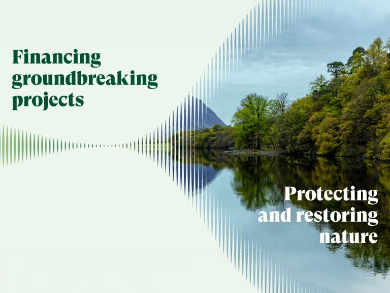 A forested lakeside with ‘Financing groundbreaking projects’ and ‘Protecting and restoring nature’