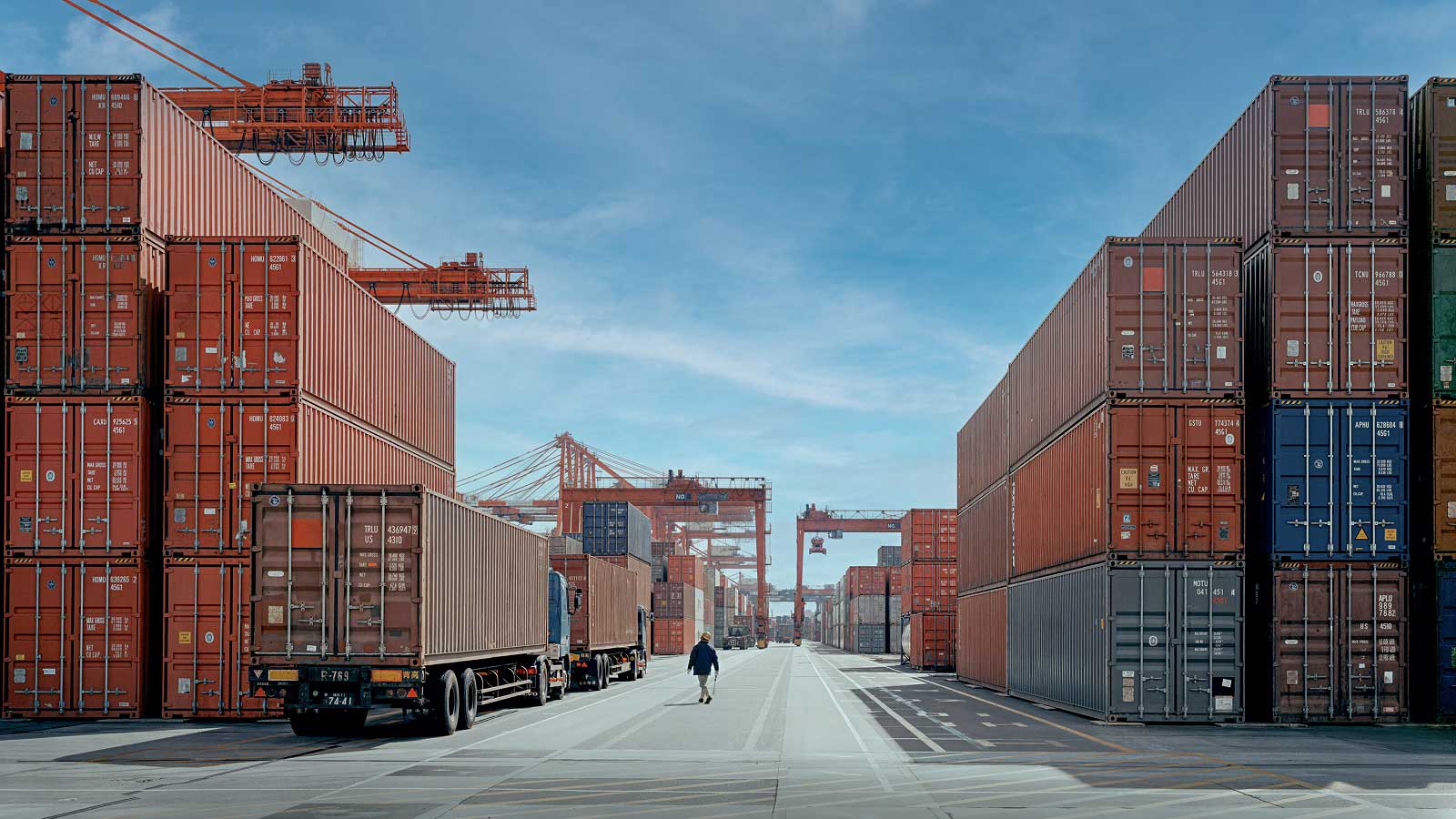 Stacked shipping containers at a port