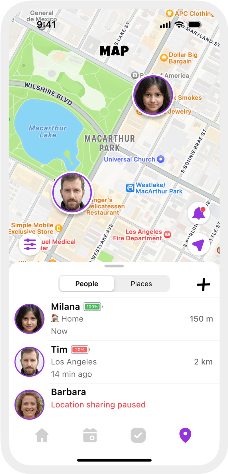 Real-time location sharing interface showing family members on a map