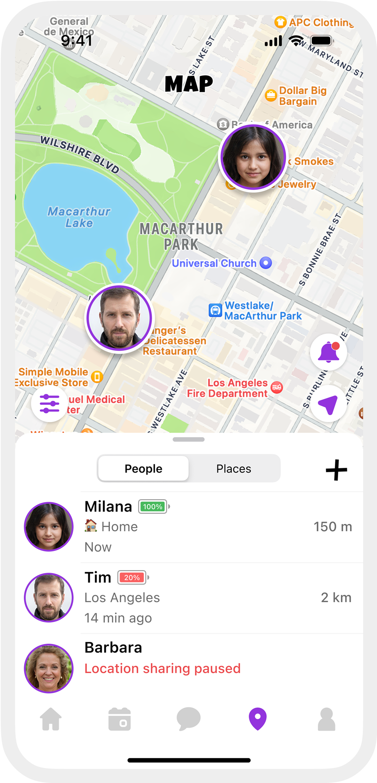 Real-time location sharing interface showing family members on a map