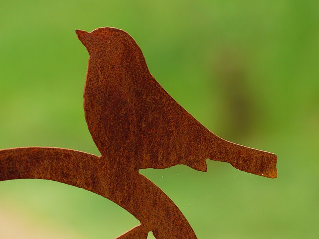 Ein Sichtschutz für die Terrasse sollte robust und ästhetisch sein. Rostige Metall-Silhouette eines Vogels, der auf einem Ast sitzt, vor unscharfem grünem Hintergund.