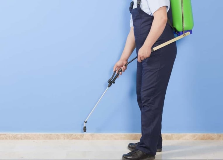 Person in blauer Arbeitskleidung sprüht mit einem Pestizidgerät gegen eine blaue Wand. Sie trägt einen grünen Behälter auf dem Rücken und hält eine Sprühlanze, die auf dem Boden ausgerichtet ist.