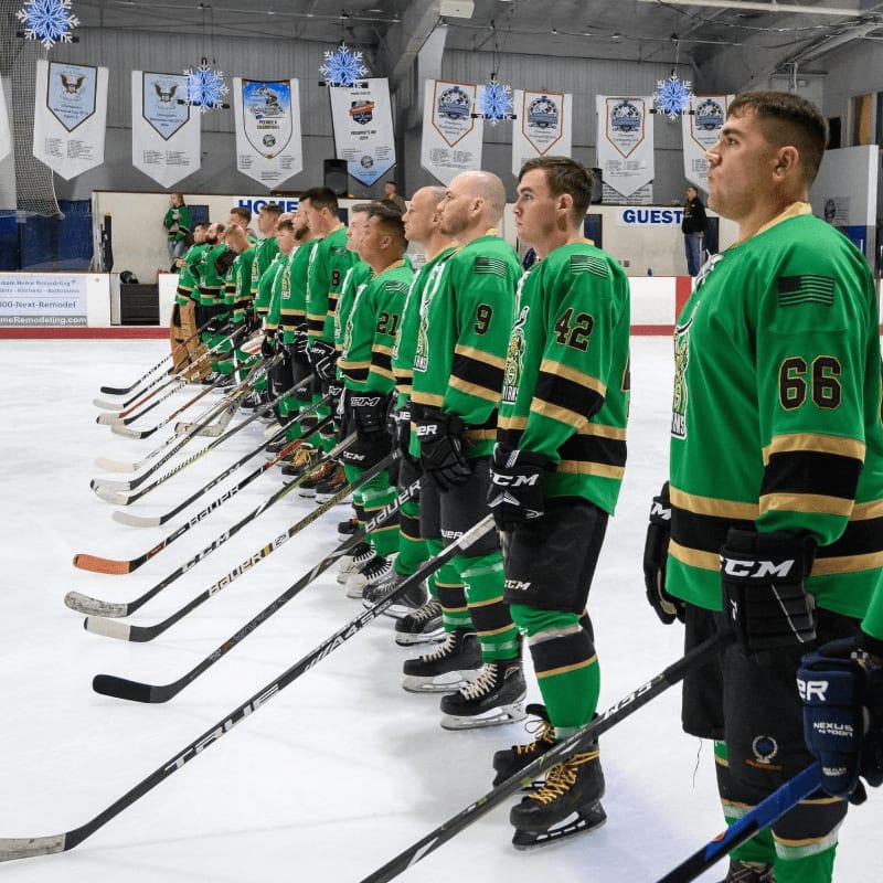 A line of hockey players in green jerseys stand on the ice in the foreground, while banners and spectators are visible in the background of the arena.