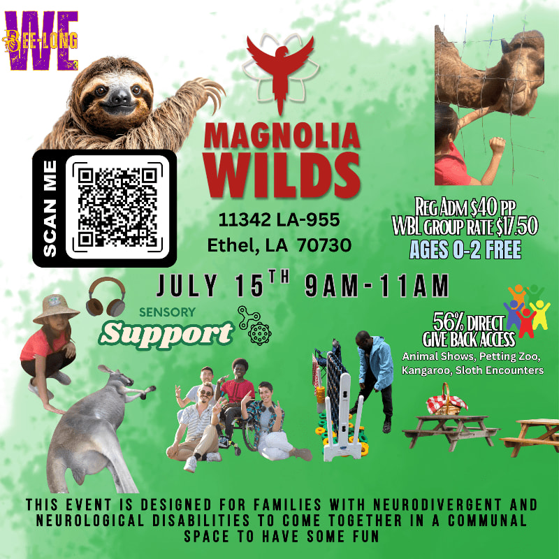A sloth and kangaroo are in the foreground of a flyer for "Magnolia Wilds" which advertises a sensory support event for families with neurodivergent and neurological disabilities, with a camel visible in the background.
