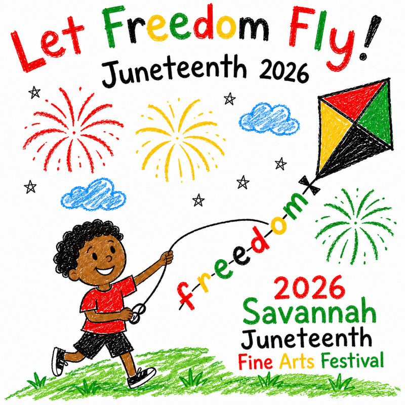 A young Black boy runs with a kite in the foreground, while colorful fireworks and clouds fill the background.