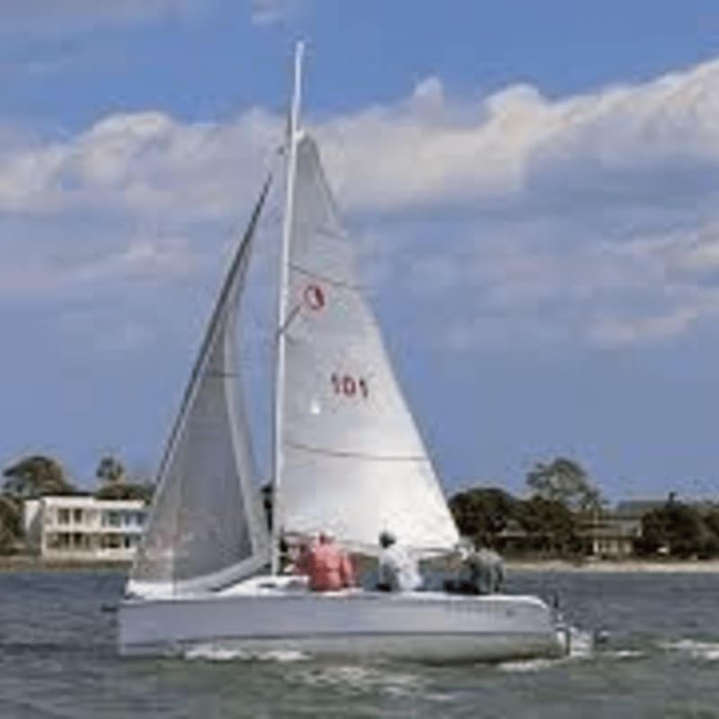 A white sailboat with a red number 101 on its sail glides across calm water with buildings and trees visible on the distant shore under a cloudy blue sky.