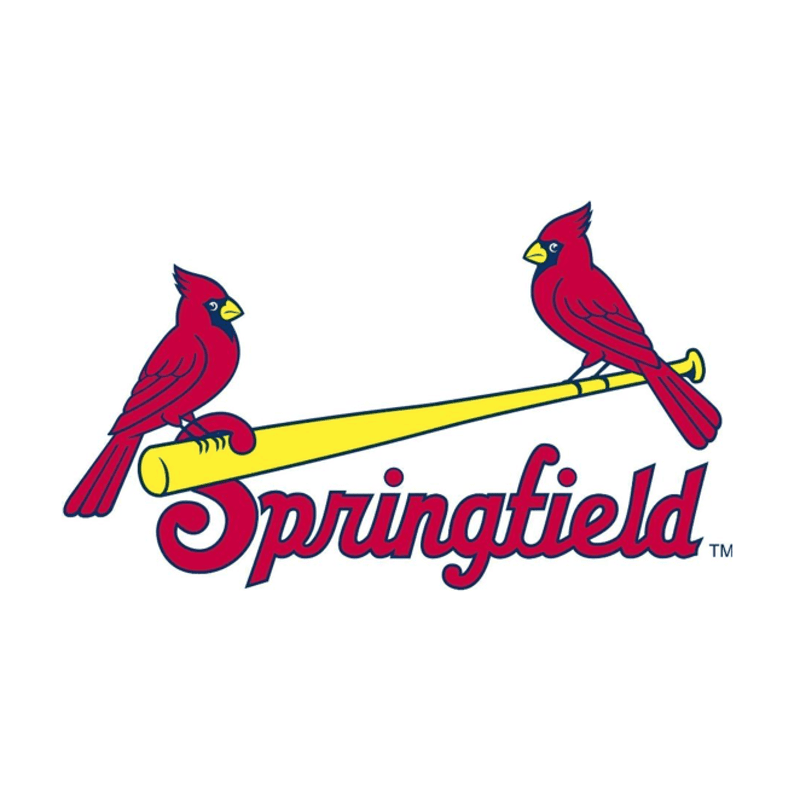 Two red cardinals perch on a yellow baseball bat with "Springfield" written in red script below, all against a white background.