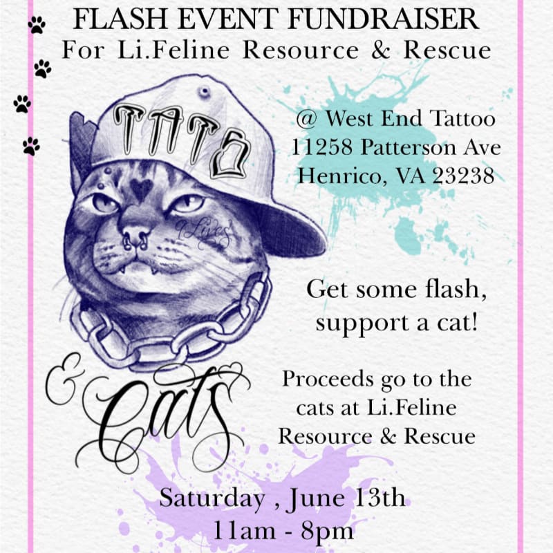 A stylized cat wearing a backward baseball cap and a chain is featured in the foreground, with event details for a fundraiser for Li.Feline Resource & Rescue in the background.