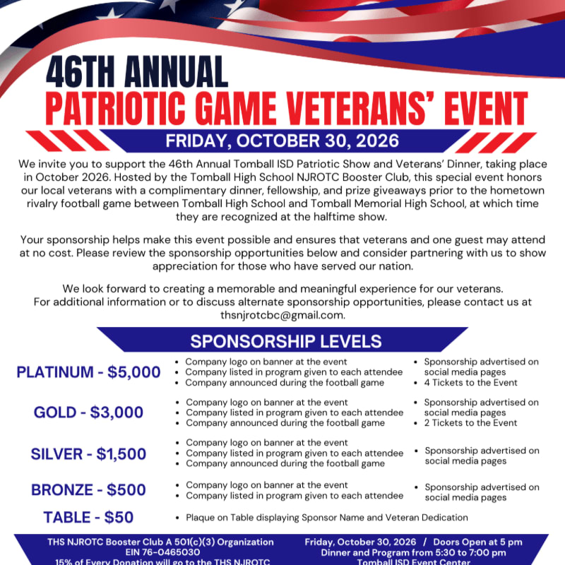 A patriotic event flyer with sponsorship levels is displayed against a red, white, and blue striped background.